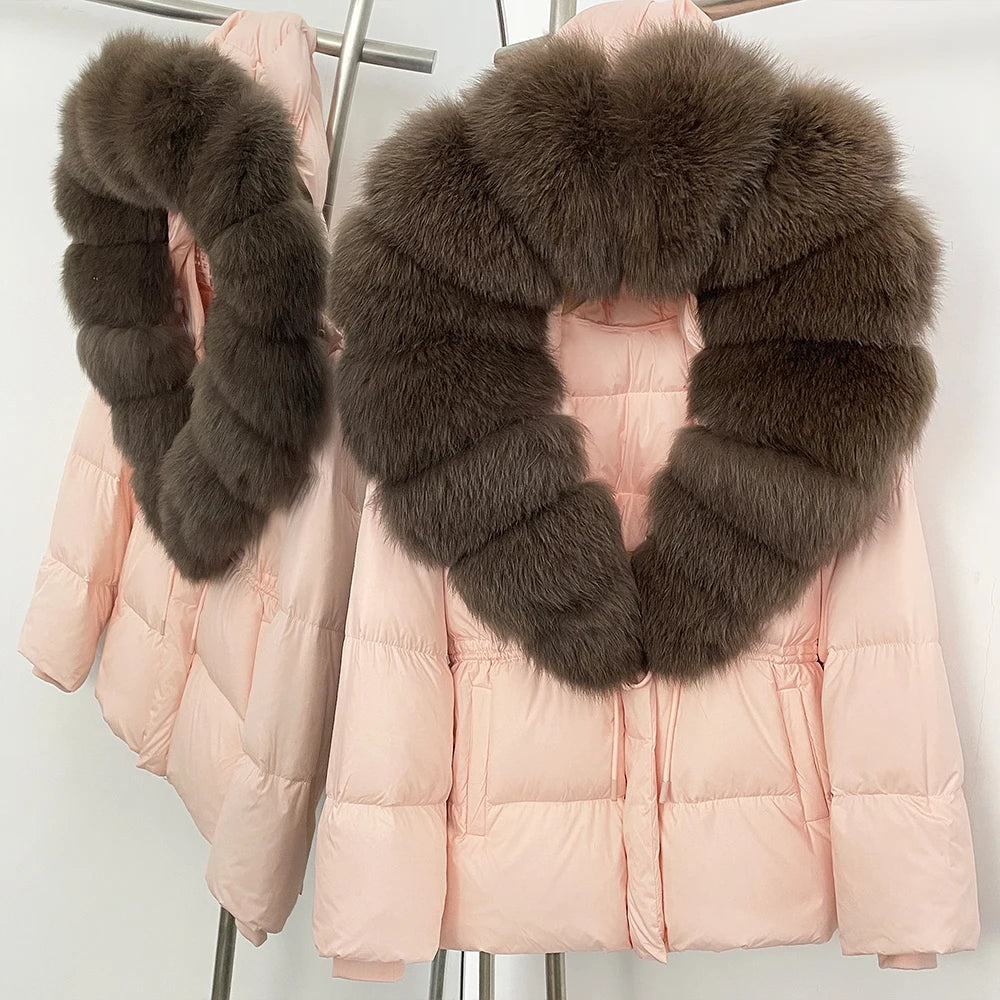 Doudoune femme avec capuche fourrure naturelle – manteau chaud luxe hiver