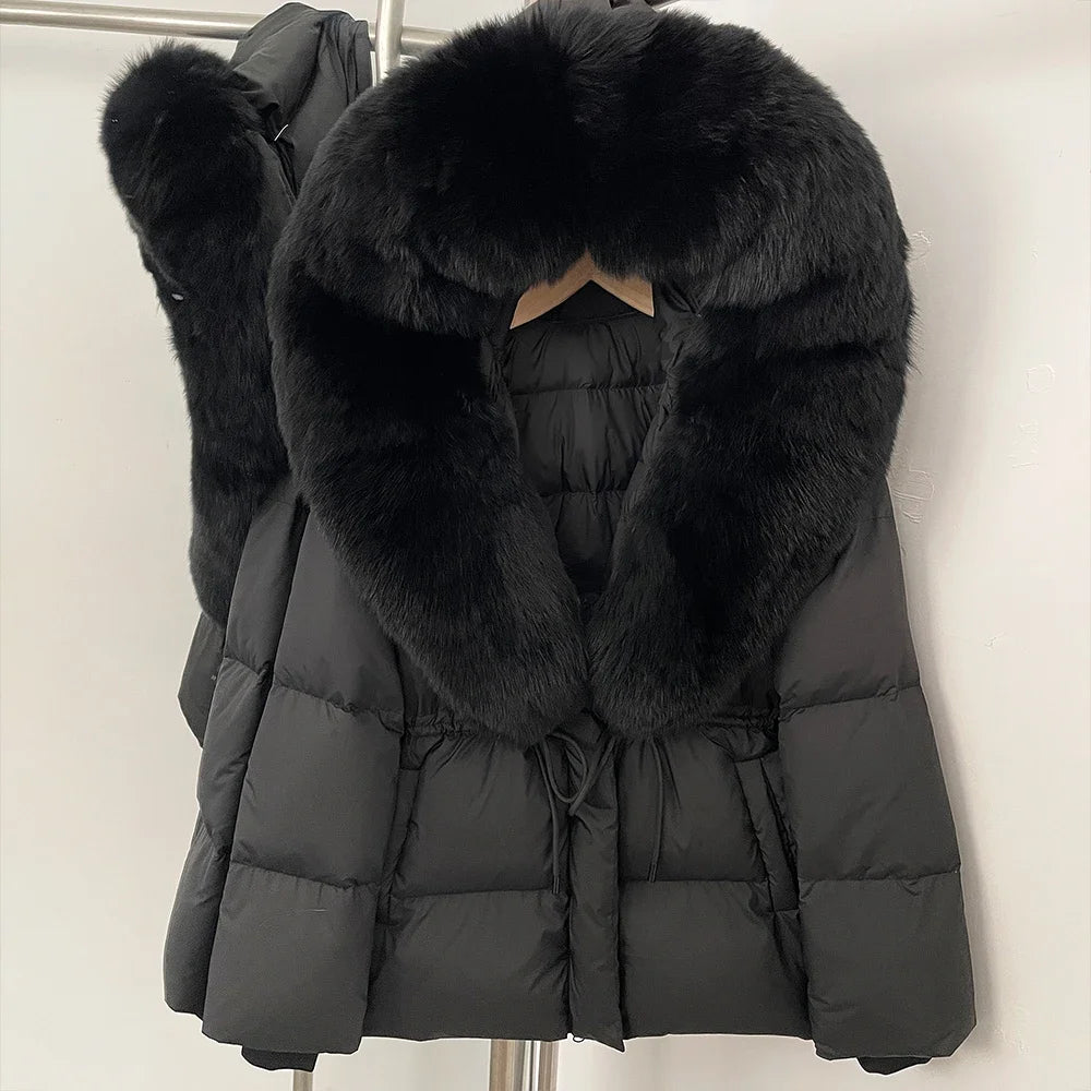 Doudoune femme avec capuche fourrure naturelle – manteau chaud luxe hiver