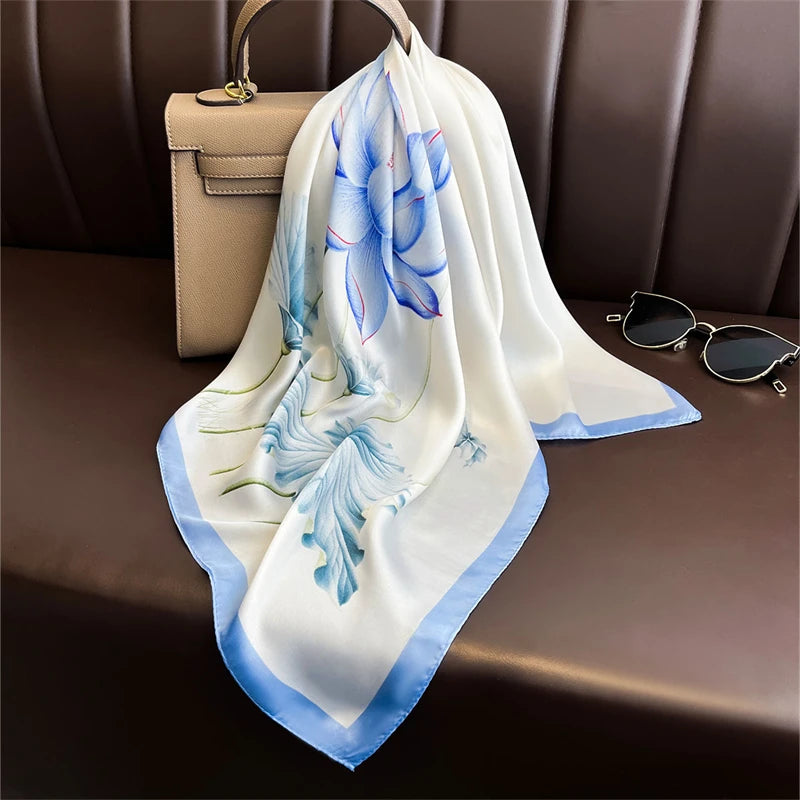 Foulard Carré Satiné Femme – Imprimé Floral, Élégant & Multifonction - Vestico
