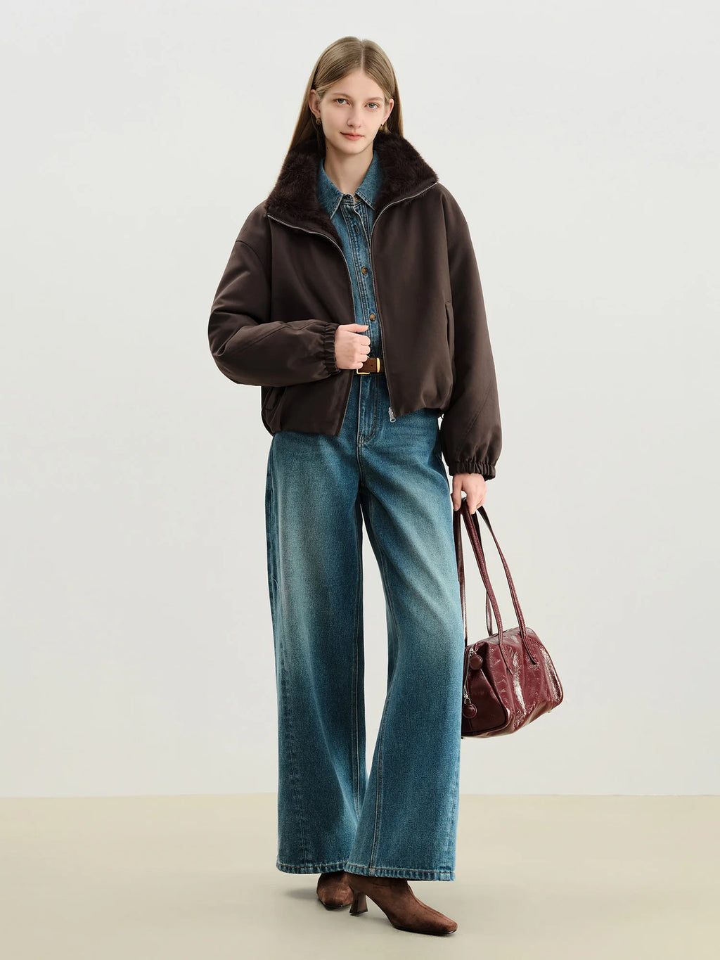 Veste courte réversible femme à col en fausse fourrure – style vintage workwear