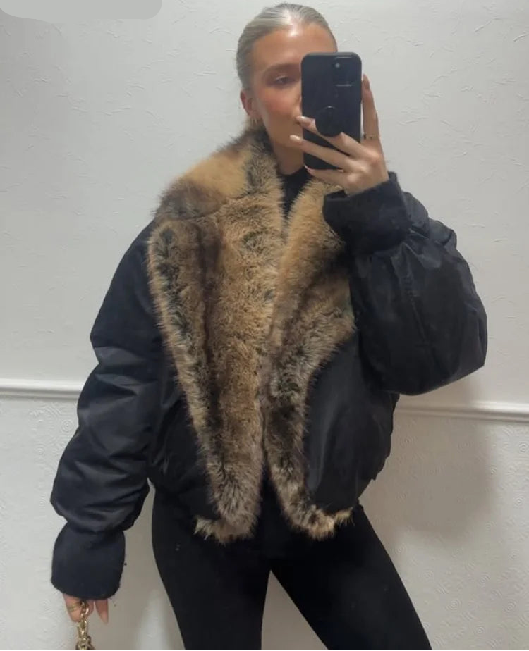 Veste courte femme en fausse fourrure patchwork – style streetwear hiver