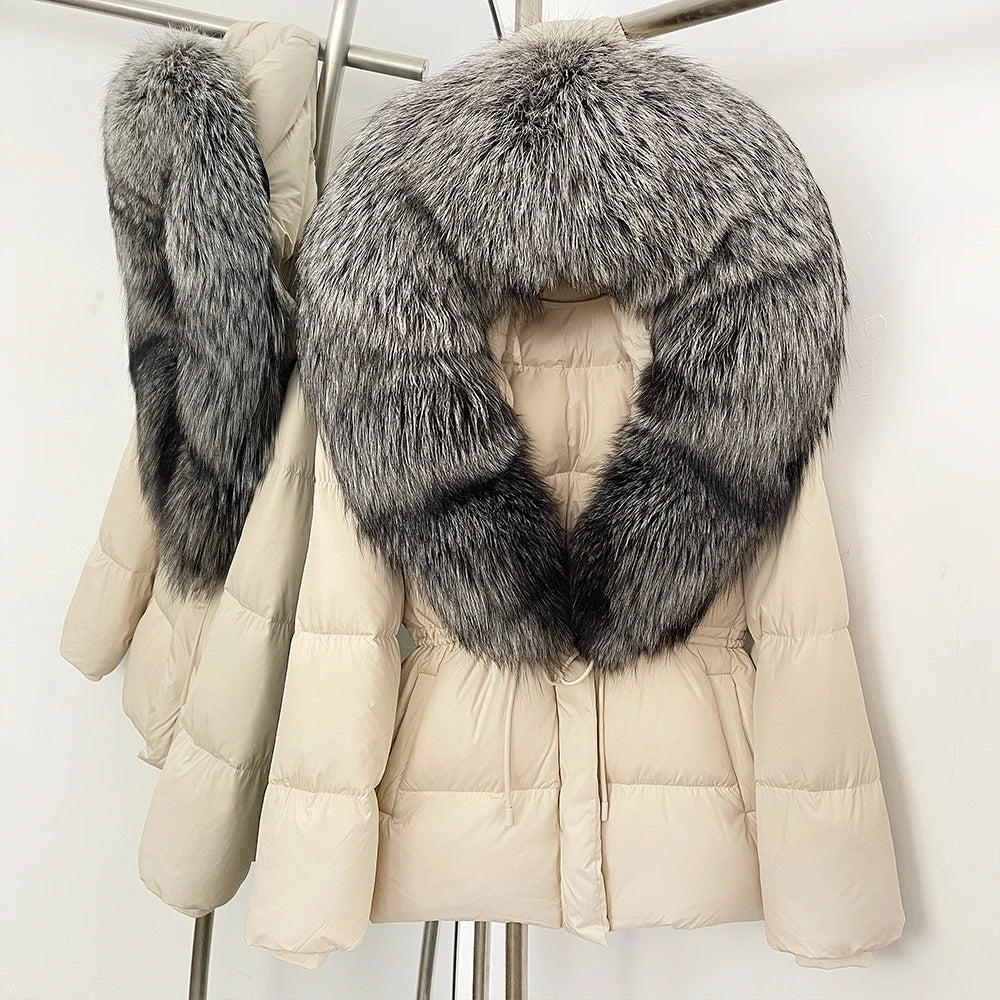Doudoune femme avec capuche fourrure naturelle – manteau chaud luxe hiver