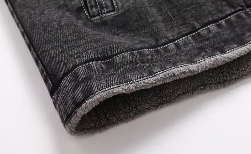 Veste Homme en Jean Noir Doublée Polaire Chaude, Décontractée et Élégante – Automne / Hiver