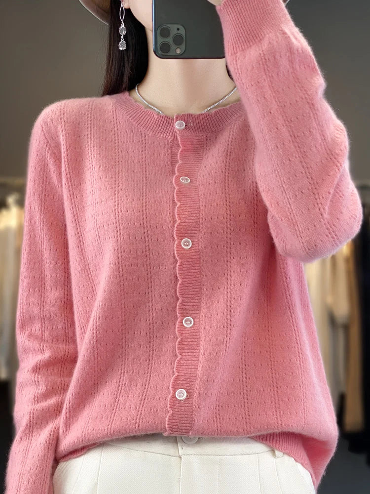 Cardigan Femme 100% Laine Mérinos – Design Dentelle et Tricot Creux - Vestico