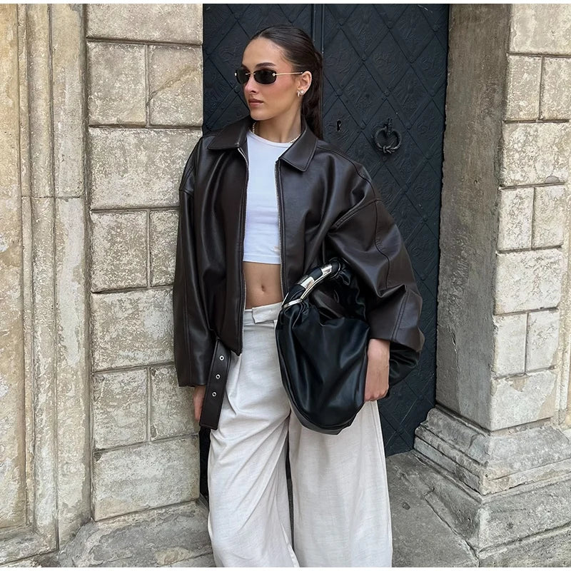 Veste Bomber Femme Simili Cuir Vintage – Coupe Loose avec Ceinture - Vestico