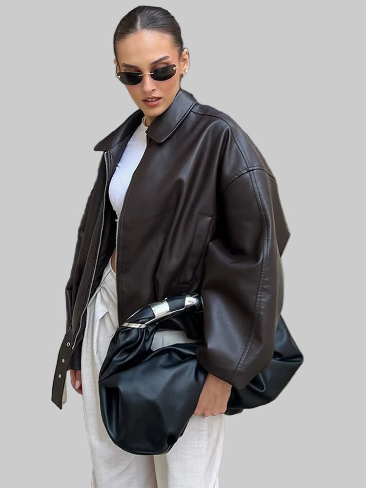 Veste Bomber Femme Simili Cuir Vintage – Coupe Loose avec Ceinture - Vestico