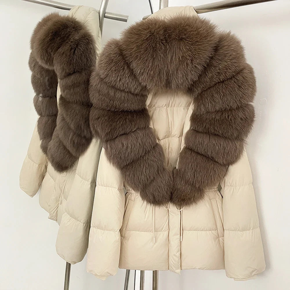 Doudoune femme avec capuche fourrure naturelle – manteau chaud luxe hiver