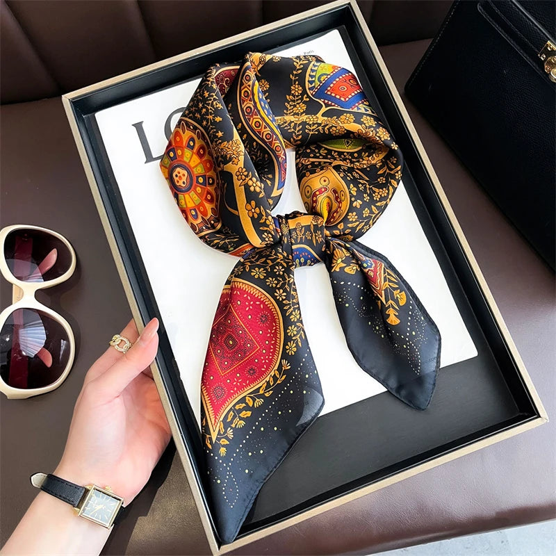 Bohemian Style Print Luxury Brand Silk Square Scarf Women Satin Shawls Neckerchief Wrap Scarves Bandana Hair Hjiab Floral - Vestico