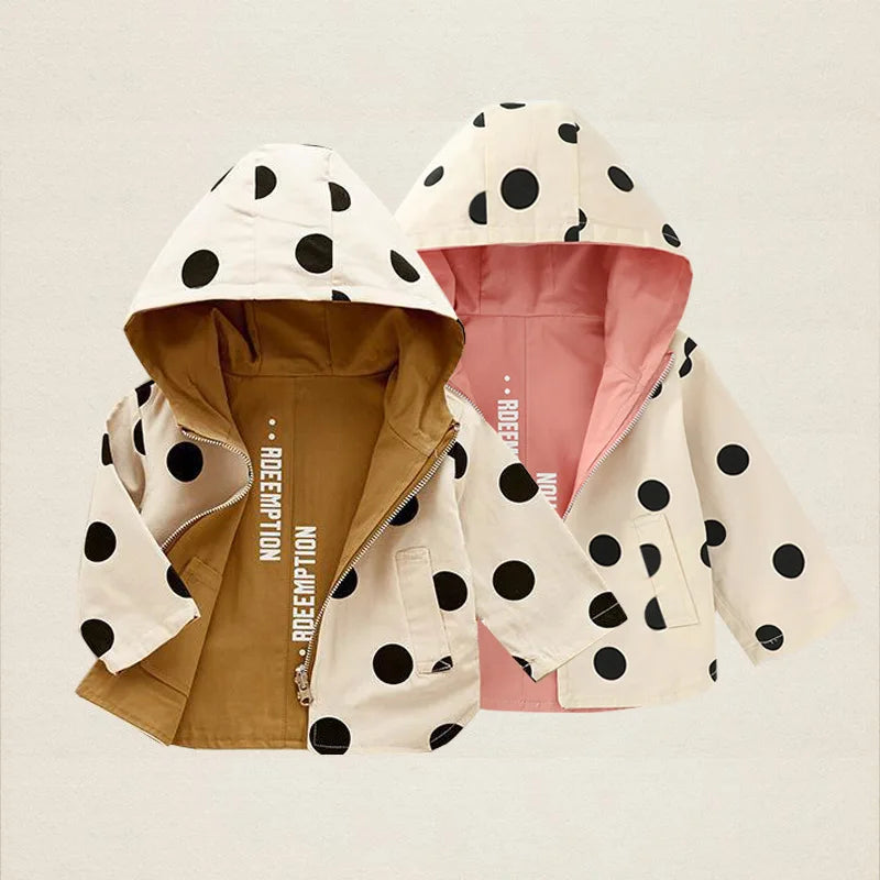 1 2 3 4 5 Years Girls Jacket Spring Autumn Dots Double Sided Fashion Princess Windbreaker Hooded Zipper Baby Coat Kids Clothes - Vestico