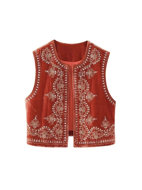 Gilet Femme Vintage Velours Brodé – Sans Manches Col V - Vestico