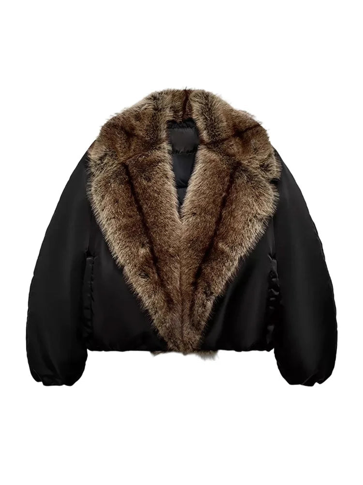 Veste courte femme en fausse fourrure patchwork – style streetwear hiver