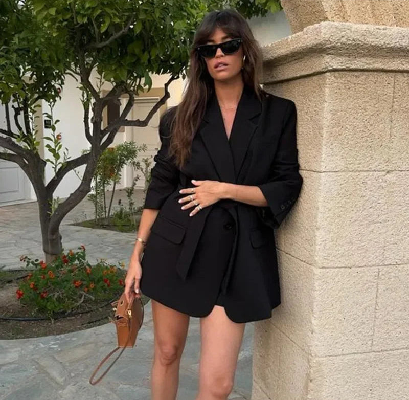 Blazer Femme Décontracté Ceinturé – Veste Élégante à Revers et Poches - Vestico