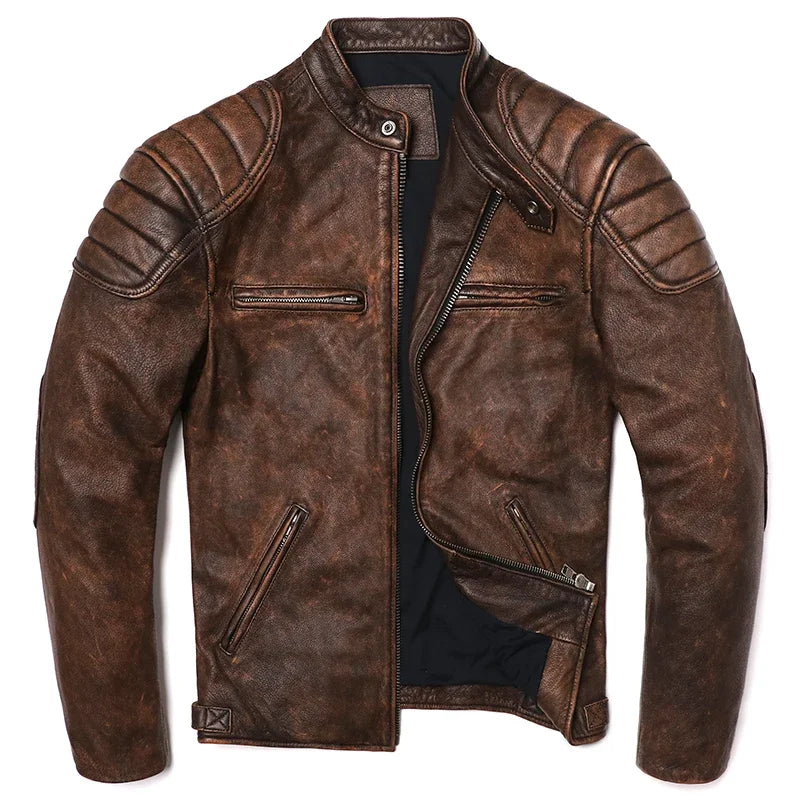 Veste Motard Homme en Cuir Véritable Camel – Style Vintage Slim - Vestico
