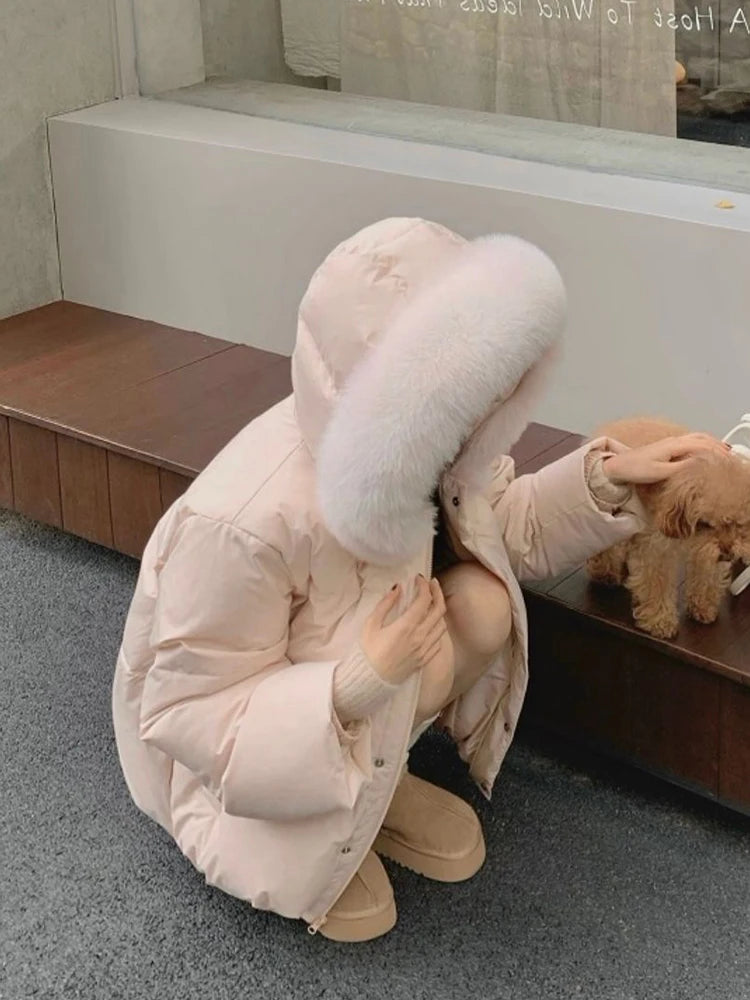Parka femme rose à capuche – manteau d’hiver chaud style coréen