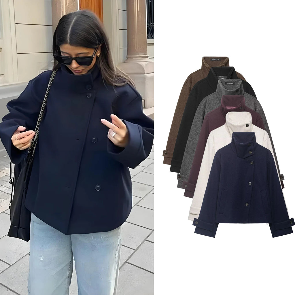 Manteau Court Femme en Laine – Col Montant, Coupe Élégante & Hiver