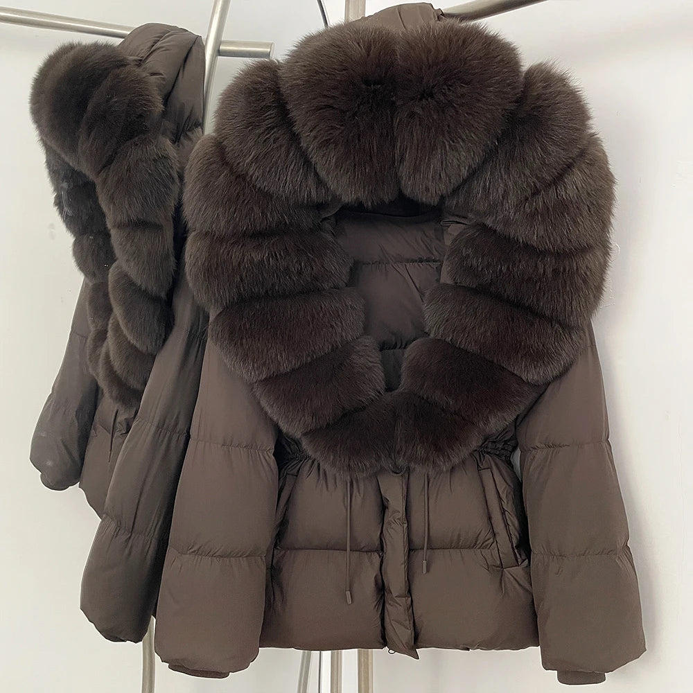 Doudoune femme avec capuche fourrure naturelle – manteau chaud luxe hiver