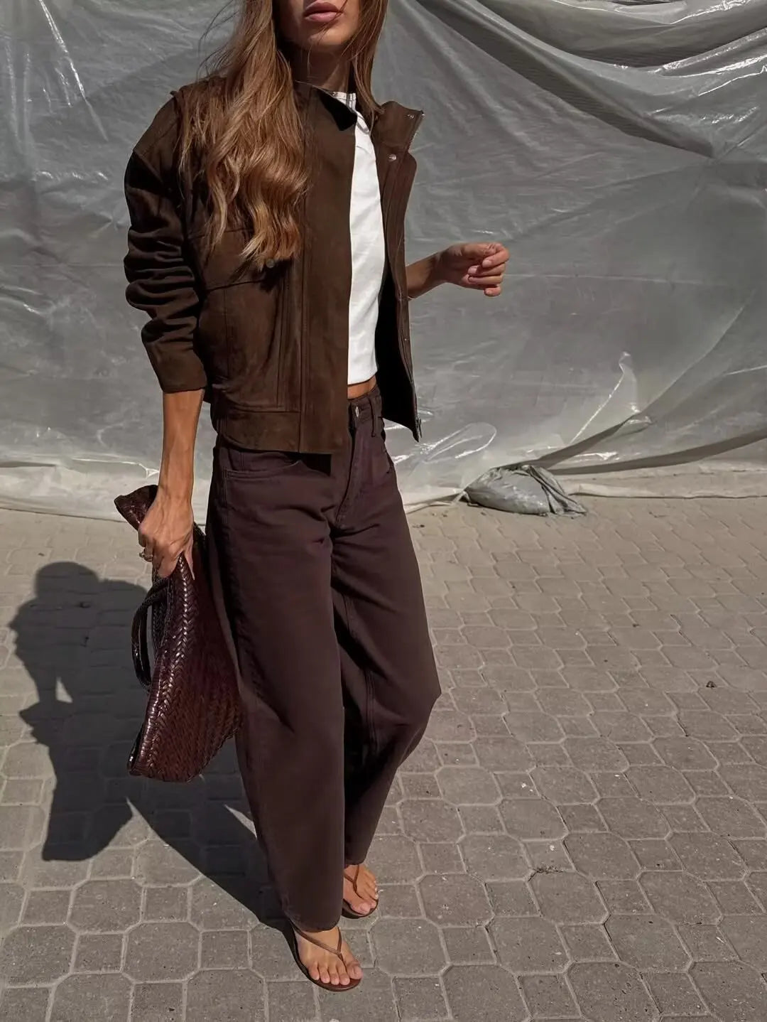 Veste femme effet suédine col montant – manteau chic automne/hiver