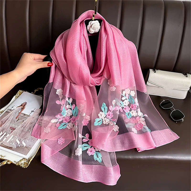 Women Silk Wool Scarf Floral Embroidery Hijab Female Foulard Spring Summer Thin Pashmina Shawls Wraps Bufanda Headscarf Stoles - Vestico