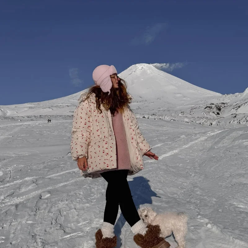 Veste Hivernale à Capuche Imprimé Cerise – Chaude, Ceinturée et Décontractée