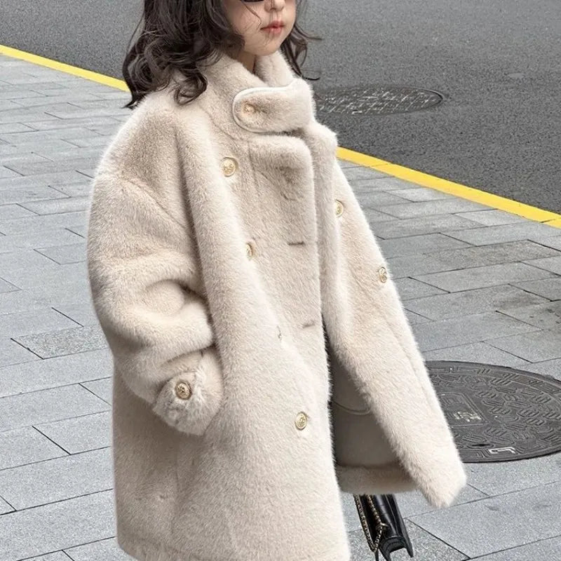 Imitation Mink Velvet Jackets Girls 2025 Autumn Winter New Loose White Casual Sweater Coat kids Jacket - Vestico