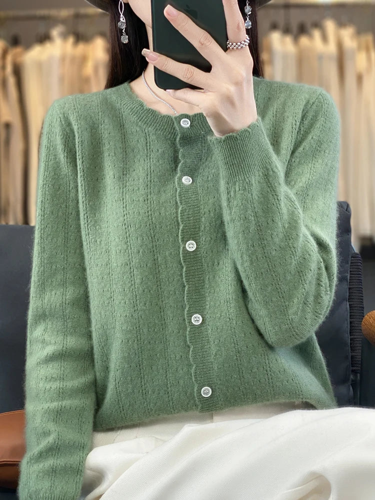 Cardigan Femme 100% Laine Mérinos – Design Dentelle et Tricot Creux - Vestico