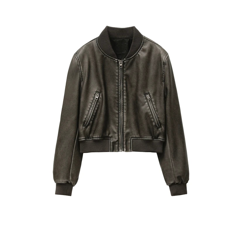 Veste Femme Vintage en Simili Cuir Lavé – Col Montant, Zippée, Style Motard Chic - Vestico