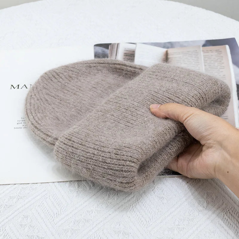 Winter Hats For Women Rabbit Fur Knitted Beanies Curled Thickened Keep Warm Bonnet Baggy Cap Female Soft Beanie Ski Cap - Vestico