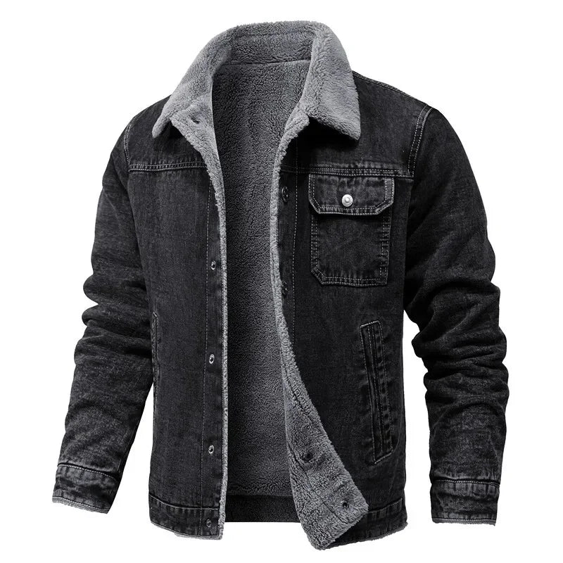 Veste Homme en Jean Noir Doublée Polaire Chaude, Décontractée et Élégante – Automne / Hiver