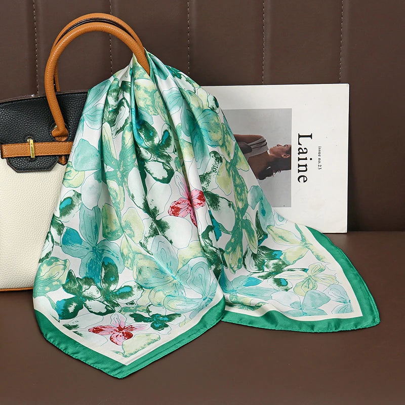 Foulard Carré Satiné Femme – Imprimé Floral, Élégant & Multifonction - Vestico