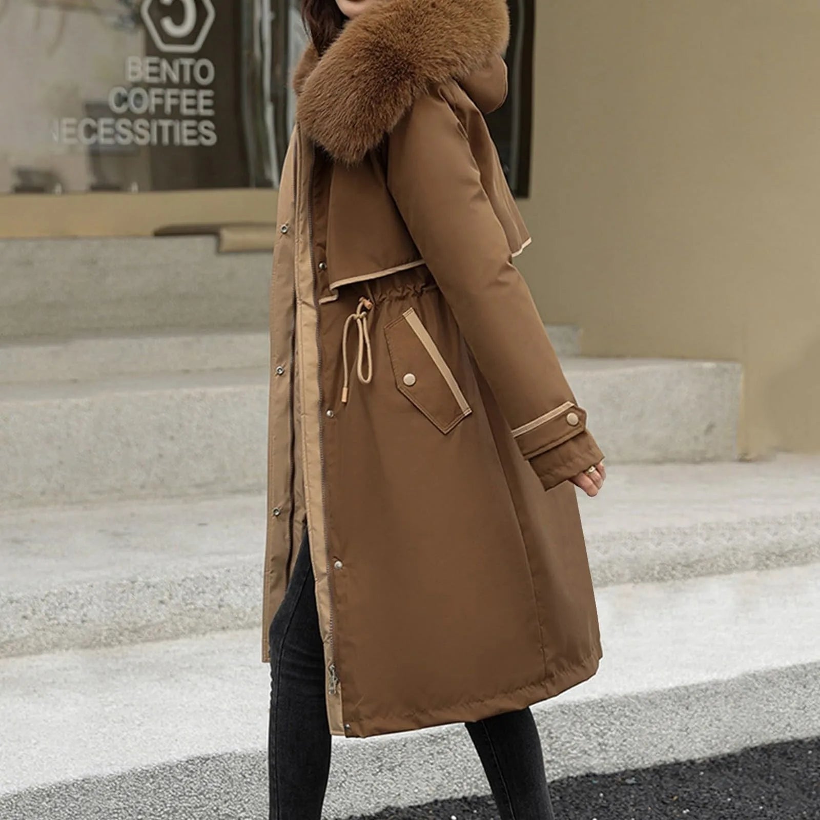 Manteau long femme à capuche – style coréen chaud pour l’hiver