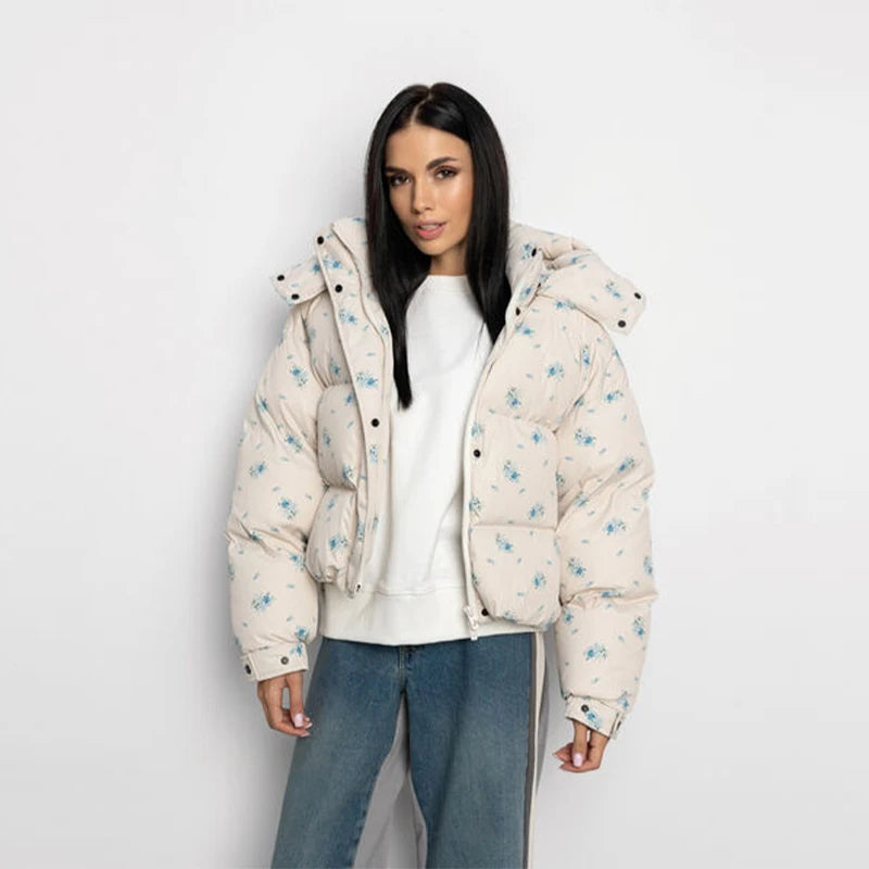 Veste Hivernale à Capuche Imprimé Cerise – Chaude, Ceinturée et Décontractée