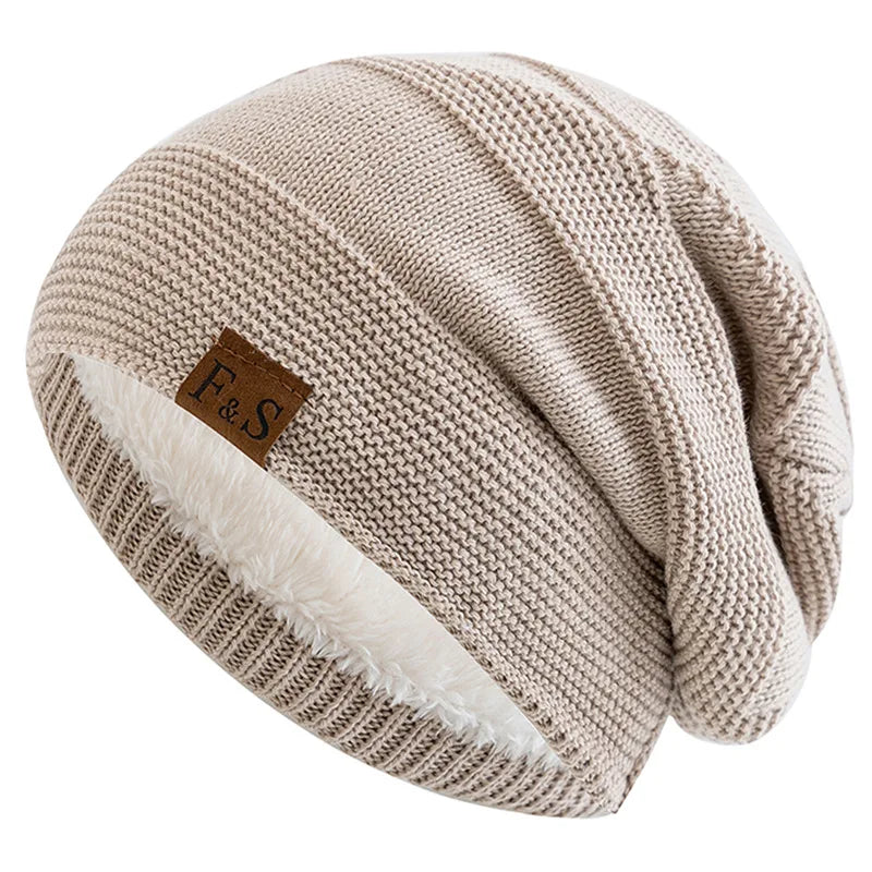 New Unisex Slouchy Winter Hats Add Fur Lined Men And Women Warm Beanie Cap Casual Label Decor Winter Knitted Hats - Vestico