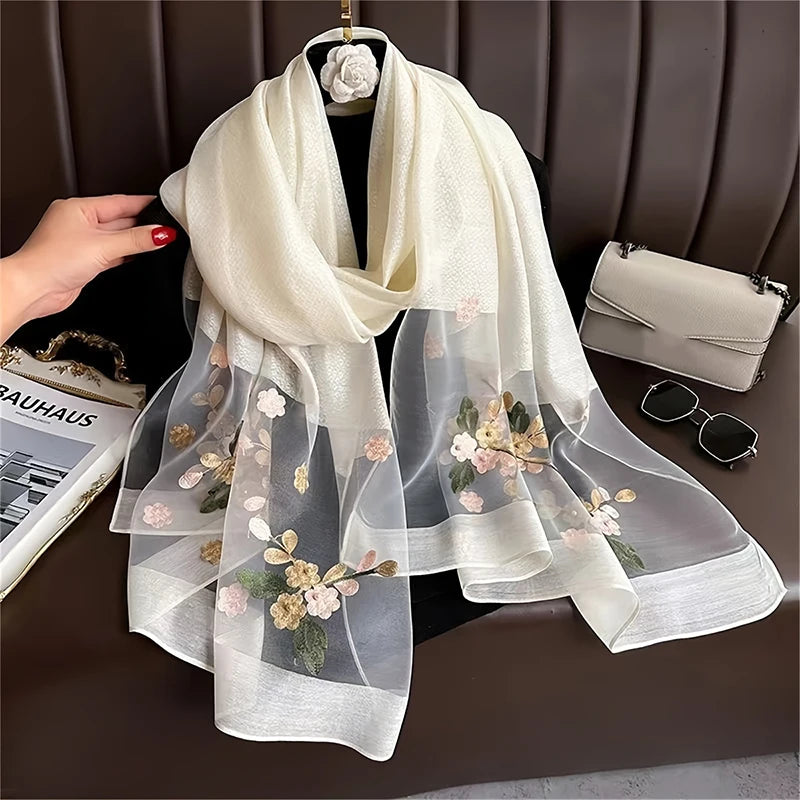 Women Silk Wool Scarf Floral Embroidery Hijab Female Foulard Spring Summer Thin Pashmina Shawls Wraps Bufanda Headscarf Stoles - Vestico