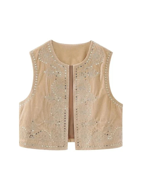 Gilet Femme Vintage Velours Brodé – Sans Manches Col V - Vestico