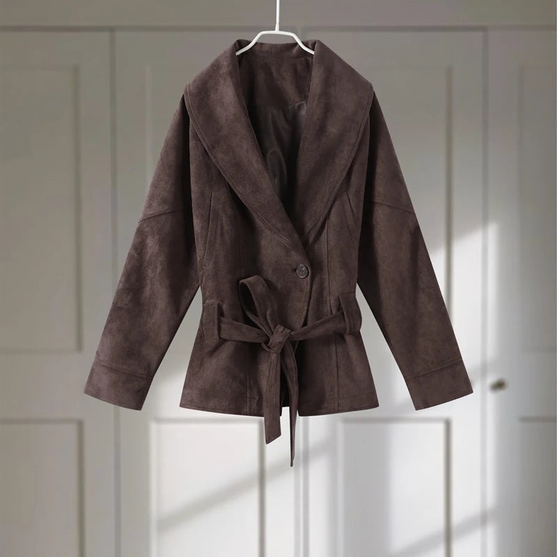 Veste Femme Vintage Suédée 2025 – Col V, Ceinturée, Manche Longue - Vestico