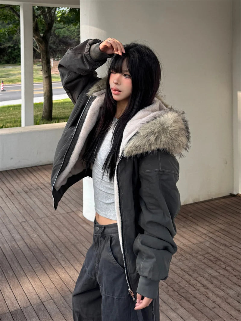 Parka d’hiver à capuche avec col en fausse fourrure – style Y2K streetwear
