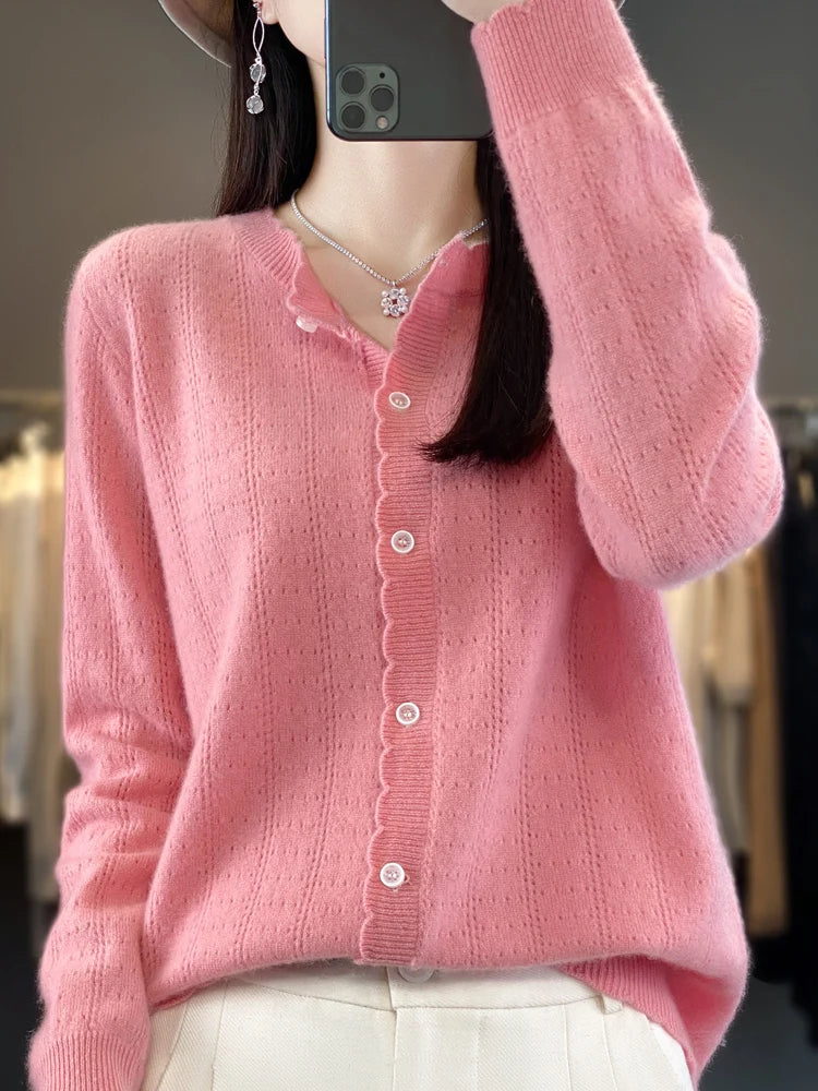 Cardigan Femme 100% Laine Mérinos – Design Dentelle et Tricot Creux - Vestico