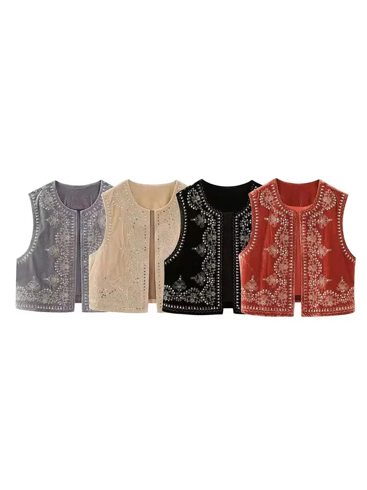 Gilet Femme Vintage Velours Brodé – Sans Manches Col V - Vestico