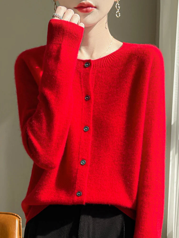 Cardigan Femme 100 % Laine Mérinos – Col Rond, Boutonné & Doux - Vestico