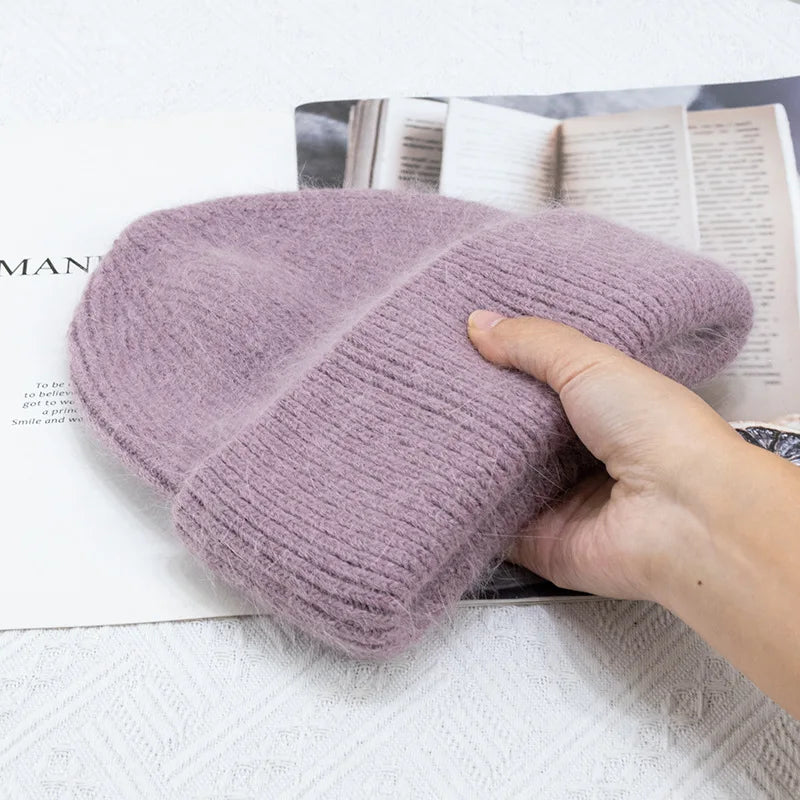 Winter Hats For Women Rabbit Fur Knitted Beanies Curled Thickened Keep Warm Bonnet Baggy Cap Female Soft Beanie Ski Cap - Vestico