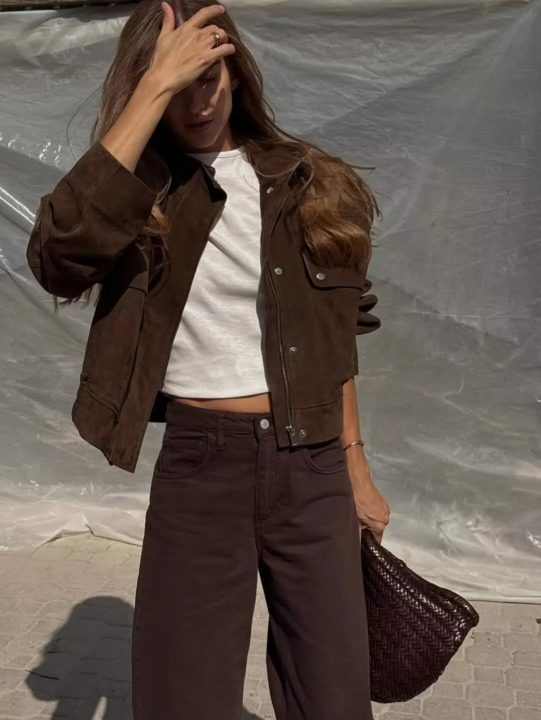 Veste femme effet suédine col montant – manteau chic automne/hiver