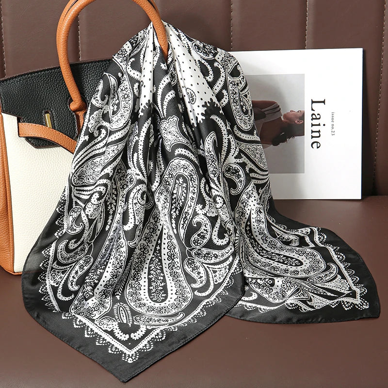 Bohemian Style Print Luxury Brand Silk Square Scarf Women Satin Shawls Neckerchief Wrap Scarves Bandana Hair Hjiab Floral - Vestico