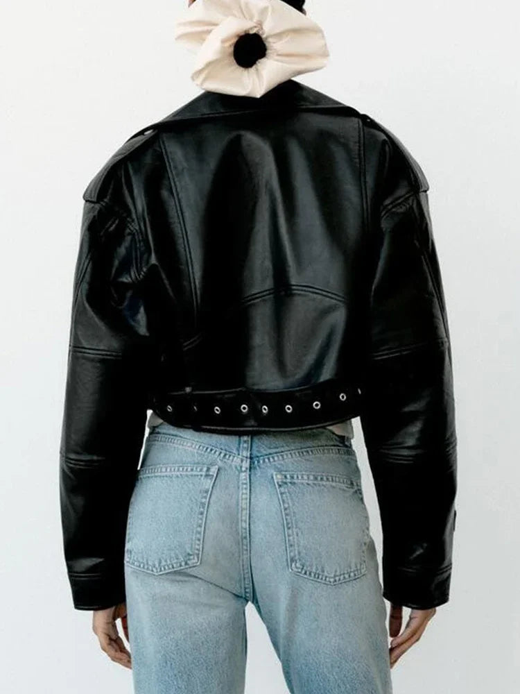 Veste Femme Vintage Oversize en PU – Blouson Court avec Ceinture - Vestico