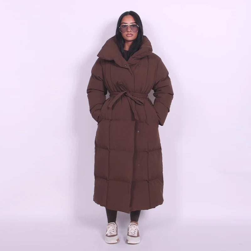 Manteau long matelassé femme – col montant élégant avec poches