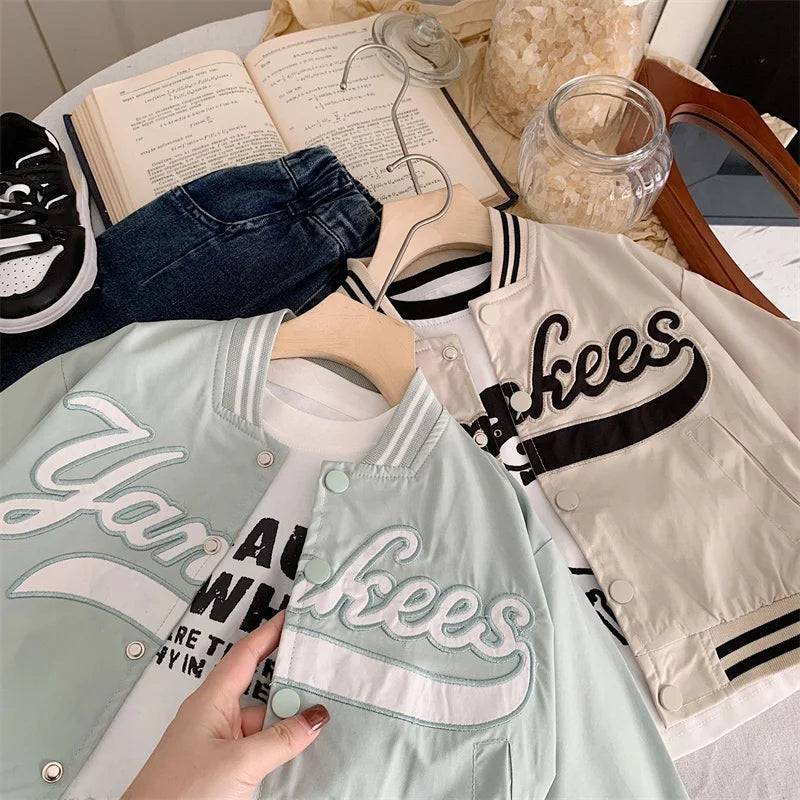 Children's Jackets 2025 Spring Boys Girls Baseball Coats New Kids Embroidered Letters Cardigan Autumn Fashion Outerwear Clothing - Vestico