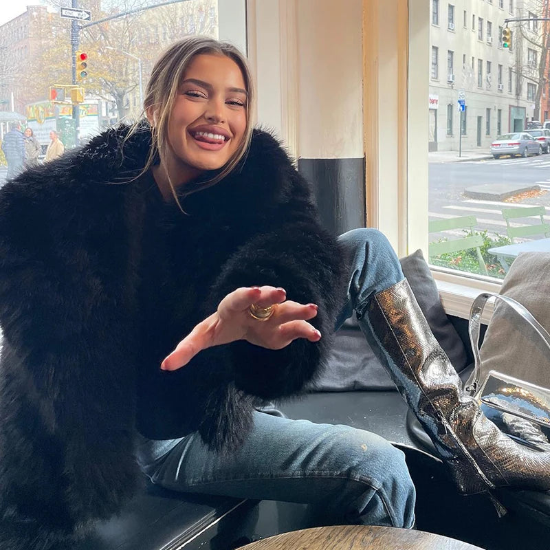 Manteau Court Femme en Fausse Fourrure – Col Châle Vintage Style Streetwear