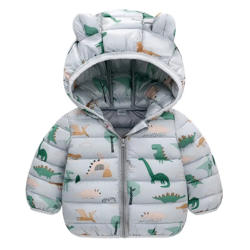 Children Boys Baby Hooded Lightweight Down Jackets Warm Outerwear Autumn Kids Girls Coats Cartoon Dinosaur Print Casual Clothing - Vestico
