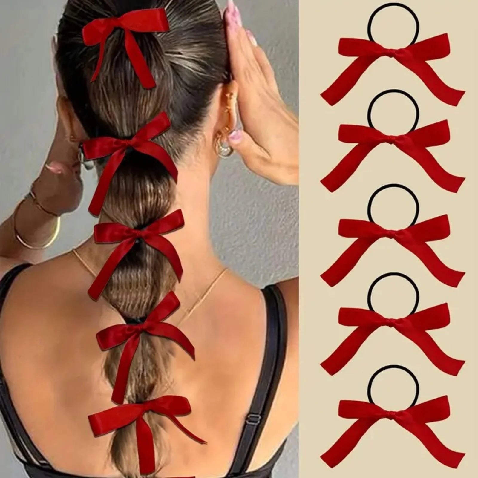 Lot de 5 Élastiques à Cheveux avec Nœud Rouge en Satin – Élégants & Tendance