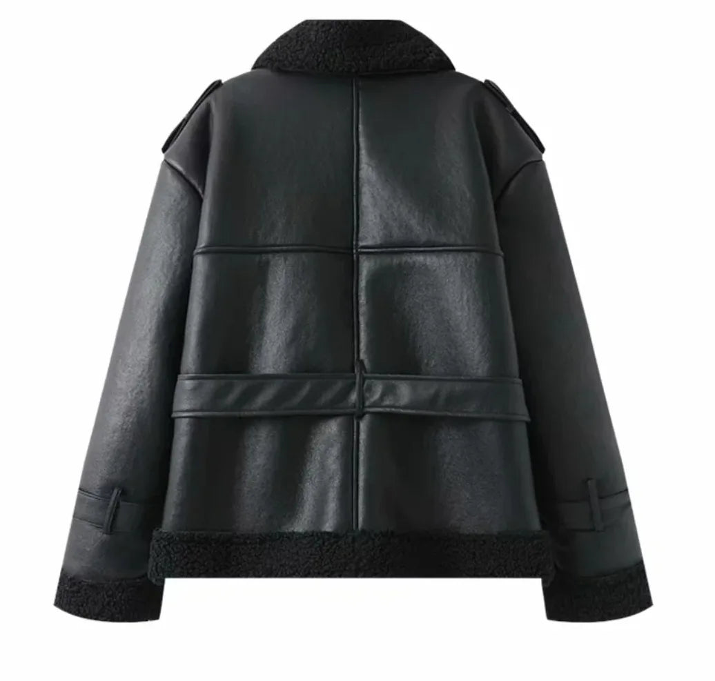 Manteau long femme effet cuir et fausse fourrure – ceinturé style urbain