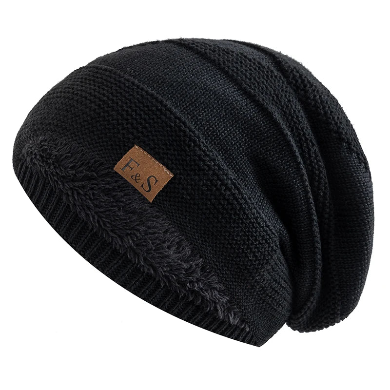 New Unisex Slouchy Winter Hats Add Fur Lined Men And Women Warm Beanie Cap Casual Label Decor Winter Knitted Hats - Vestico